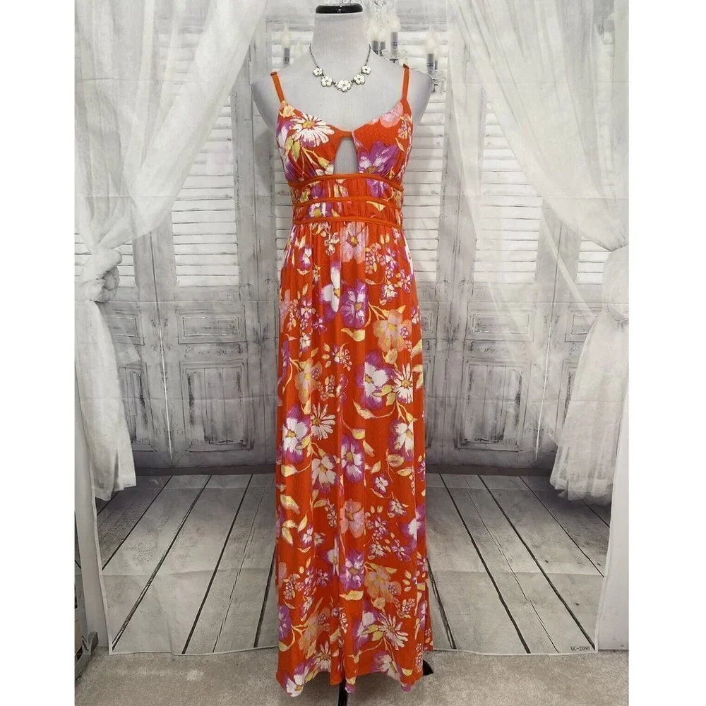 Free People Wisteria Maxi Dress Orange Floral Lightweight Open Back Sleeveless - Picture 2 of 14
